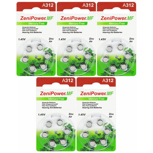 Батарейки ZeniPower 312 (PR41) для слухового аппарата, 5 блистеров (30 батареек)