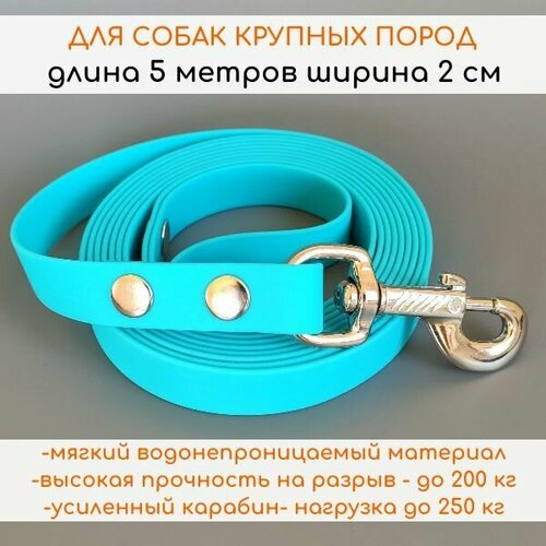 R-Dog Поводок из мягкого биотана Lite, усиленный стальной карабин, цвет бирюзовый, 5 метров, ширина 2 см