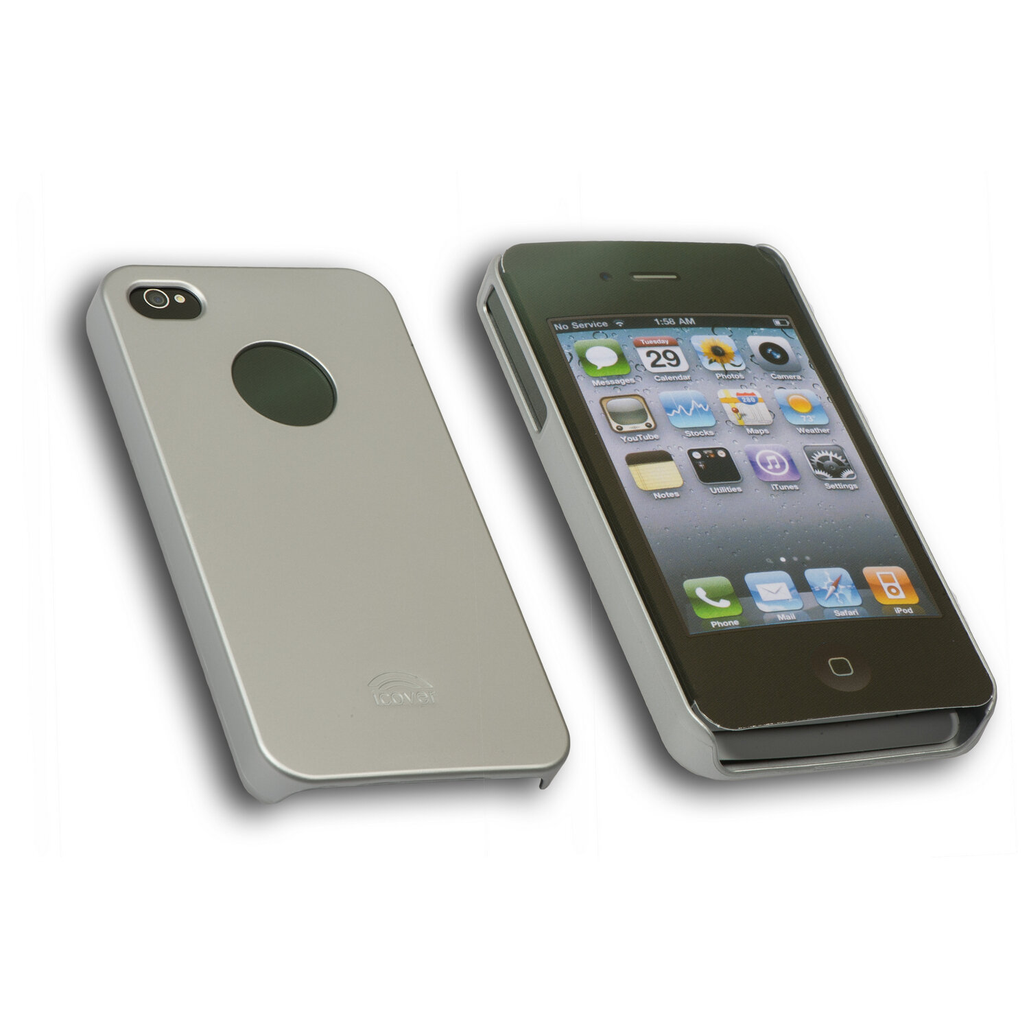 фото IP4-RF-S Чехол - панель iCover Rubber Case IP4-RF-S для сотового телефона Apple iPhone 4 / iPhone 4S, серебристый (пластик) + защитная пленка