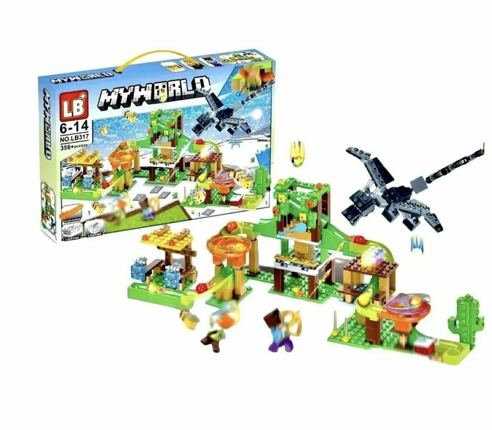 Конструктор My world Майнкрафт Minecraft LB 317 Нападение черного дракона на деревню 356 деталей с LED-деталями