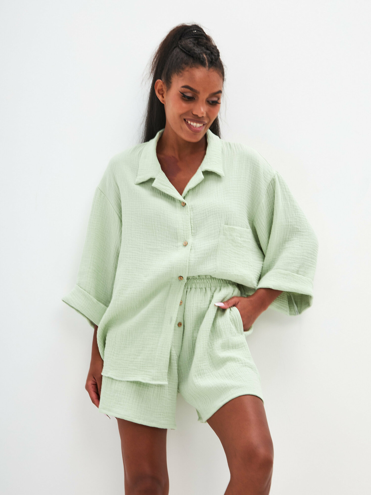 "Муслиновая женская пижама Sold Out", размер 42-44, цвет зеленый - фотография № 1