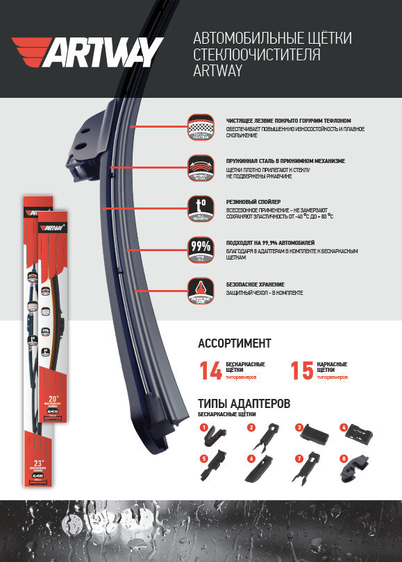 Щетка стеклоочистителя ARTWAY 630 мм (25") бескаркасная, всесезонная, резиновый спойлер, горячий тефлон на чистящем лезвии, 8 адаптеров - фото №10