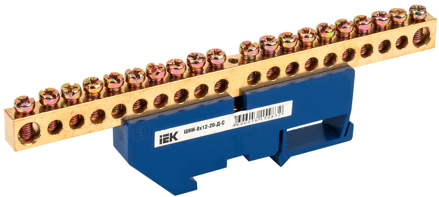 Шина "0" 8х12 мм 20 отверстий с изолятором на DIN-рейку (ШНИ-8х12-20-Д-С) YNN10-812-20D-K07 IEK