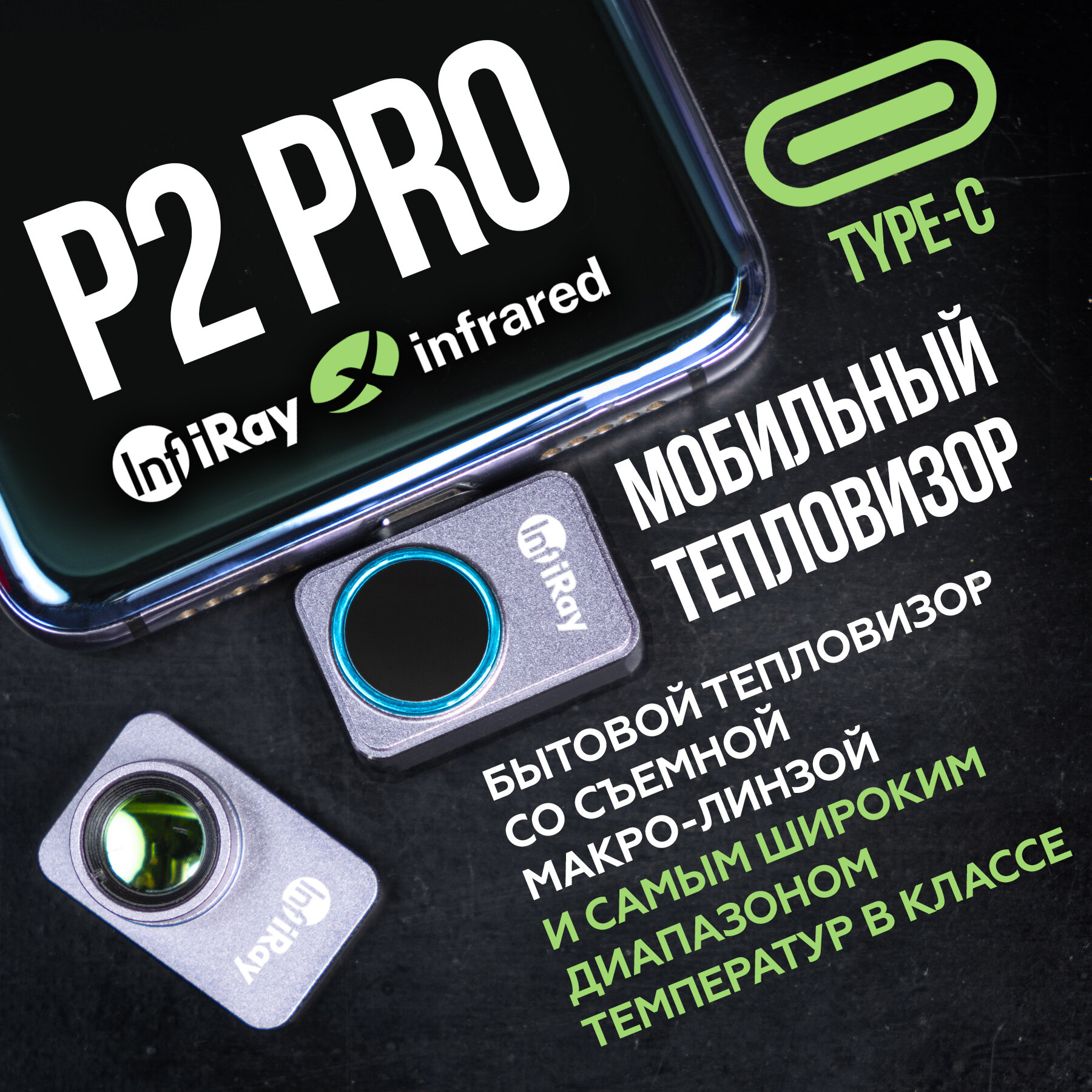 Тепловизор для смартфона Infiray P2 PRO с дополнительной макро линзой, камера на телефон тепловизорная, температурный сканер