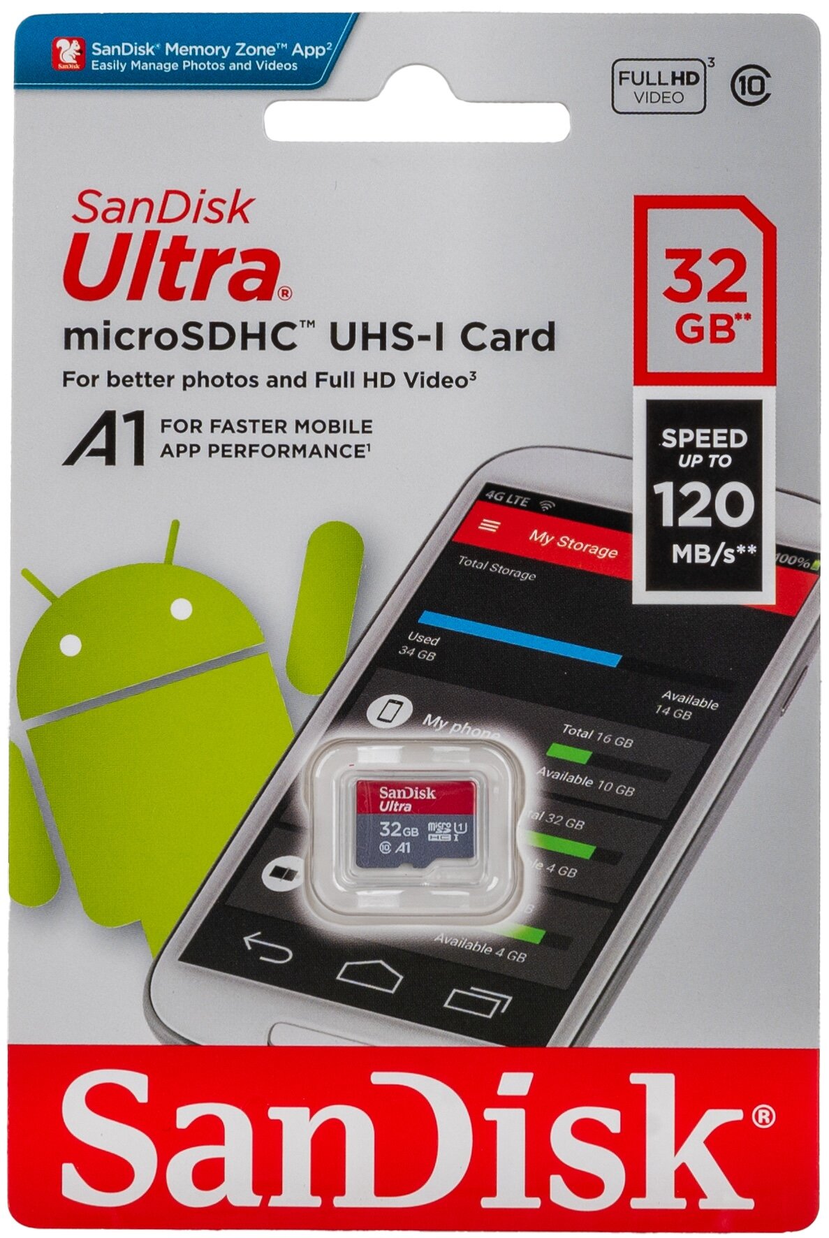 Карта памяти SanDisk microSDHC 32 ГБ Ultra Class 10, UHS-I, U1, A1 (120 Mb/s)