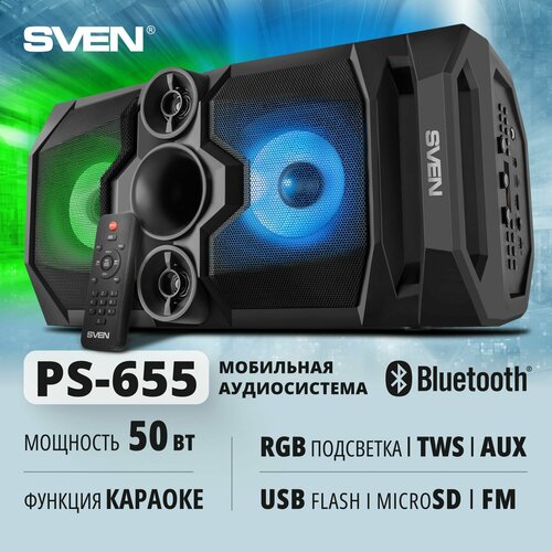 ас ps 295 синий 20 вт waterproof ipx6 tws bluetooth fm usb microsd 3000ма ч АС PS-655, черный (50 Вт, TWS, Bluetooth, FM, USB, microSD, LED-дисплей, пульт, 2х4400мА*ч)