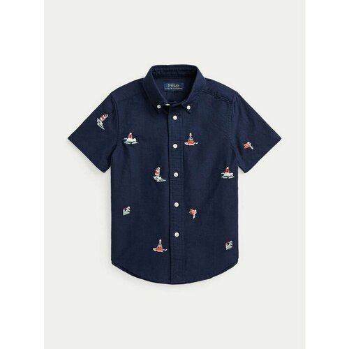 Рубашка Polo Ralph Lauren, размер 122/128 [MET], синий маленькая рубашка из крепа lauren ralph lauren цвет natural turquoise
