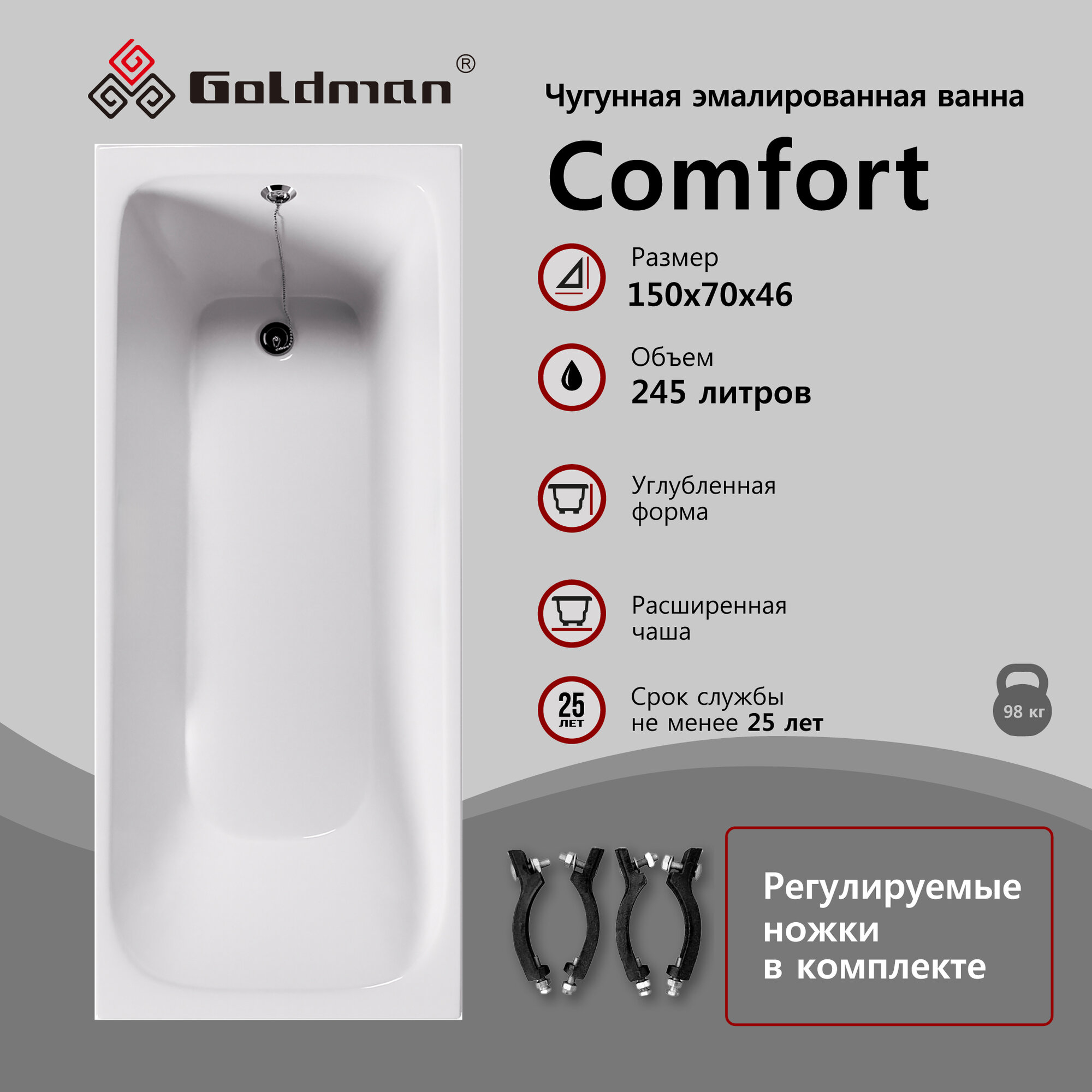 Чугунная ванна Goldman Comfort 150x70x46