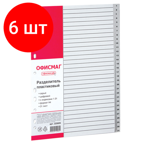 Комплект 6 шт, Разделитель пластиковый офисмаг, А4, 31 лист, цифровой 1-31, оглавление, серый, 225605