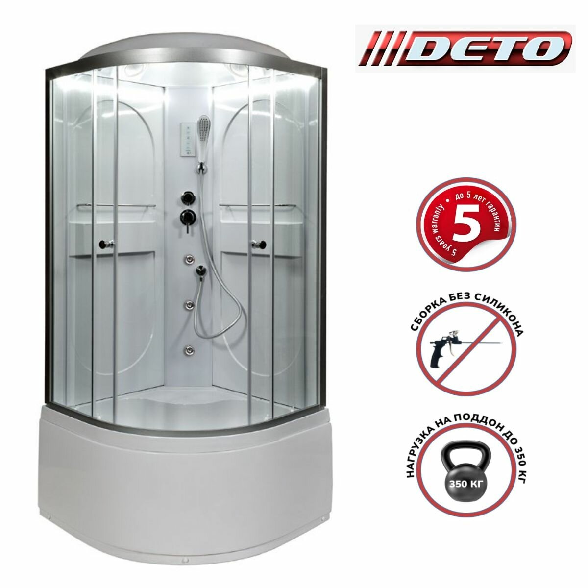 фото Душевая кабина Deto L690 (90x90x215) LED с гидромассажем , высокий поддон, стекло прозрачное, универсальная
