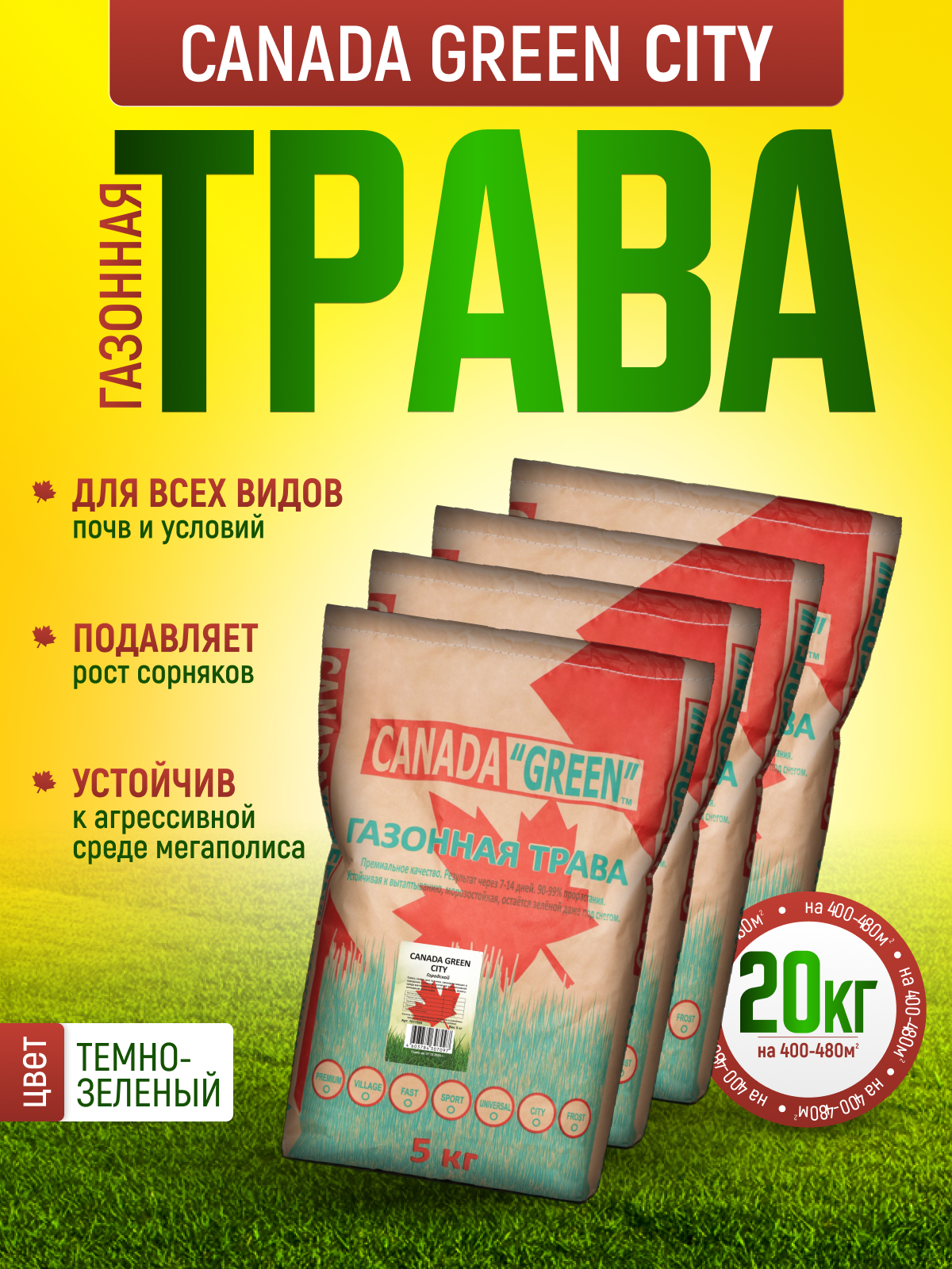 Газонная трава семена Городская 20 кг / Канада Грин Городской 20кг / семена газона райграс, мятлик, овсяница