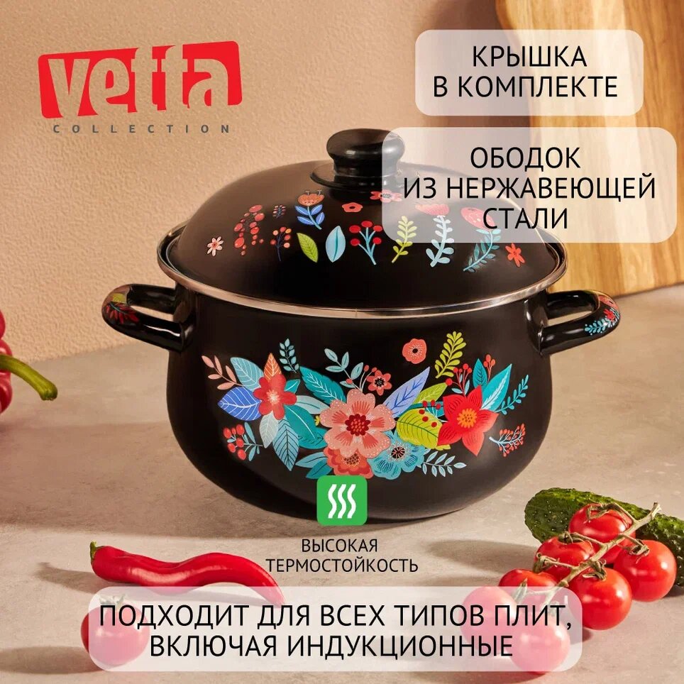 VETTA Колор Кастрюля эмалированная, 22см, 3,6л, индукция