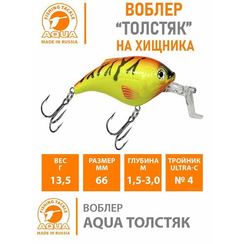 Воблер для рыбалки AQUA толстяк SR 66mm, цвет 067 (огненная макрель), 1 штука