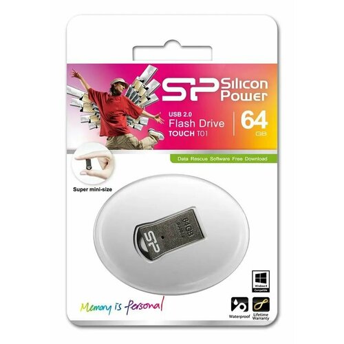 Флешка USB Silicon Power Touch T01 64ГБ, USB2.0, черный и серебристый [sp064gbuf2t01v1k]