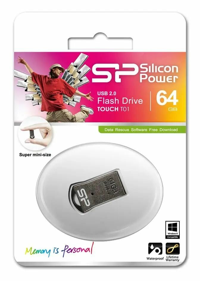 Флешка USB Silicon Power Touch T01 64ГБ, USB2.0, черный и серебристый [sp064gbuf2t01v1k]