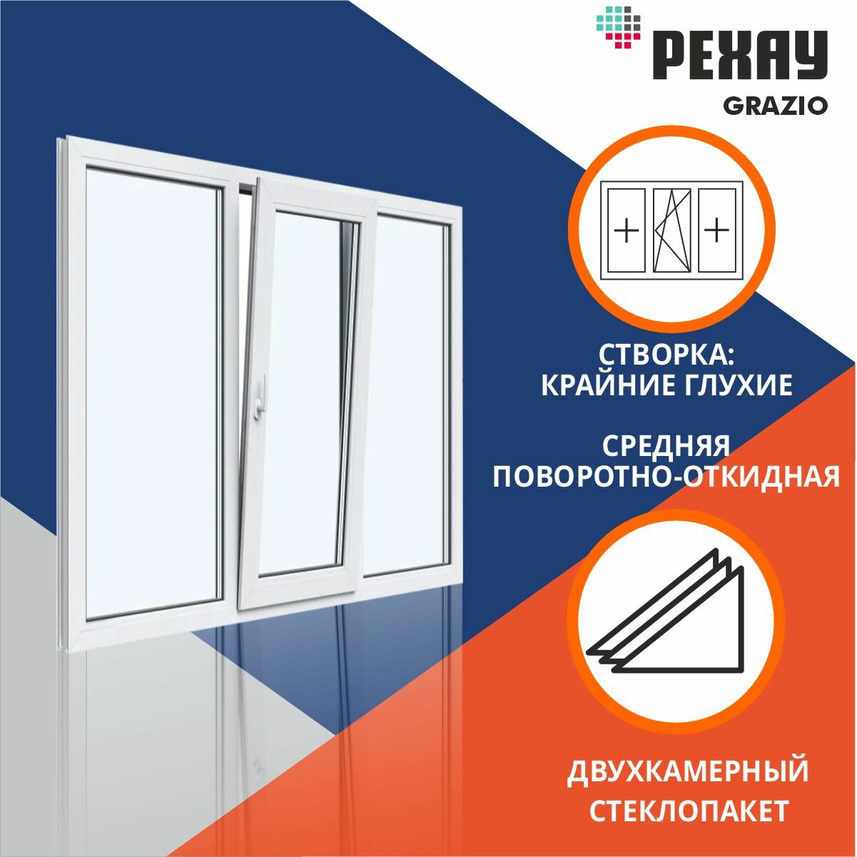 фото Окно двухкаменое 2000x700 мм трехстворчатое: средняя створка поворотно откидная, крайние глухие GRAZIO