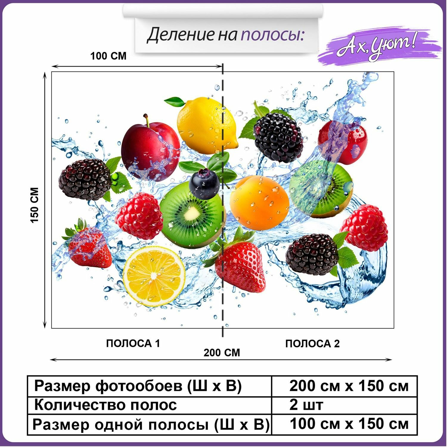 3Д обои яркие фрукты клубника, киви 3d на кухню 200х270