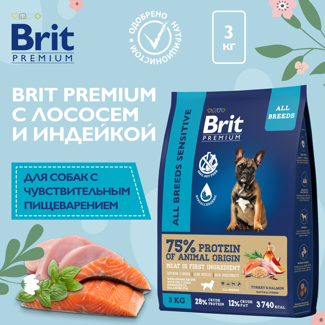 Сухой корм Brit Premium Dog Sensitive для собак для чувствительного пищеварения с индейкой и лосось 3 кг