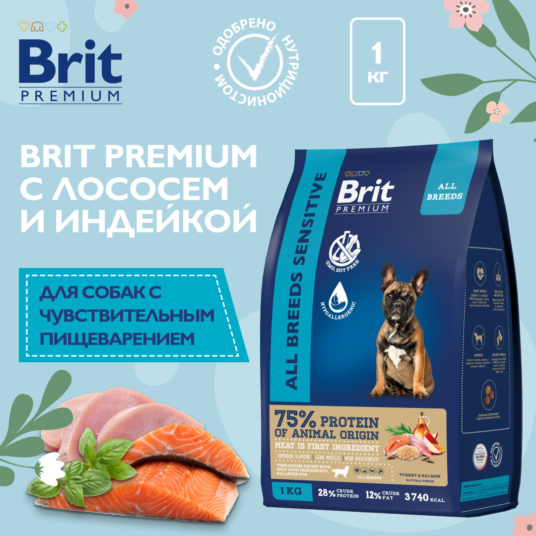Brit Сухой корм премиум класса с лососем и индейкой для взрослых собак всех пород с чувствительным пищеварением, 1кг