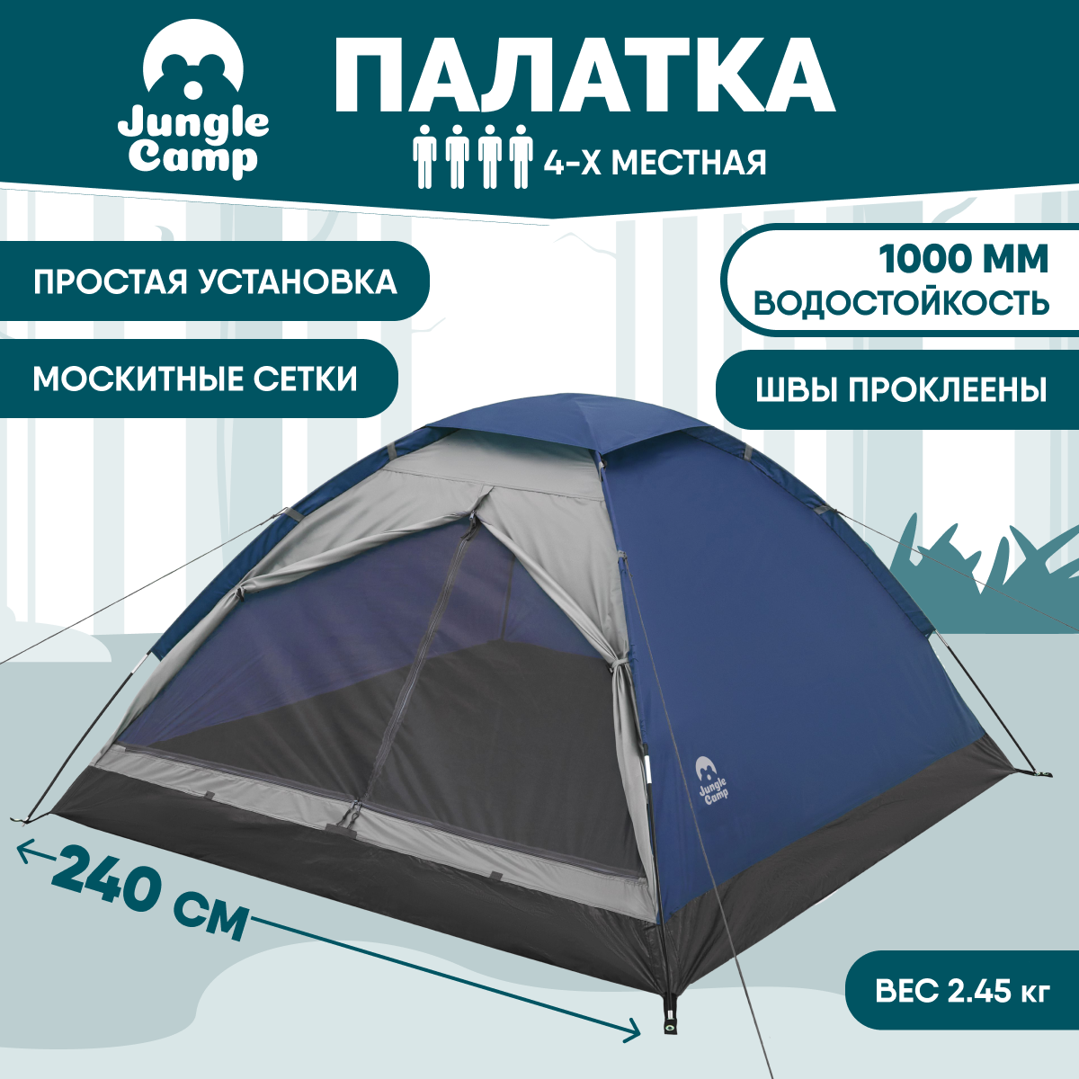 Палатка четырёхместная JUNGLE CAMP Lite Dome 4, цвет: синий/серый