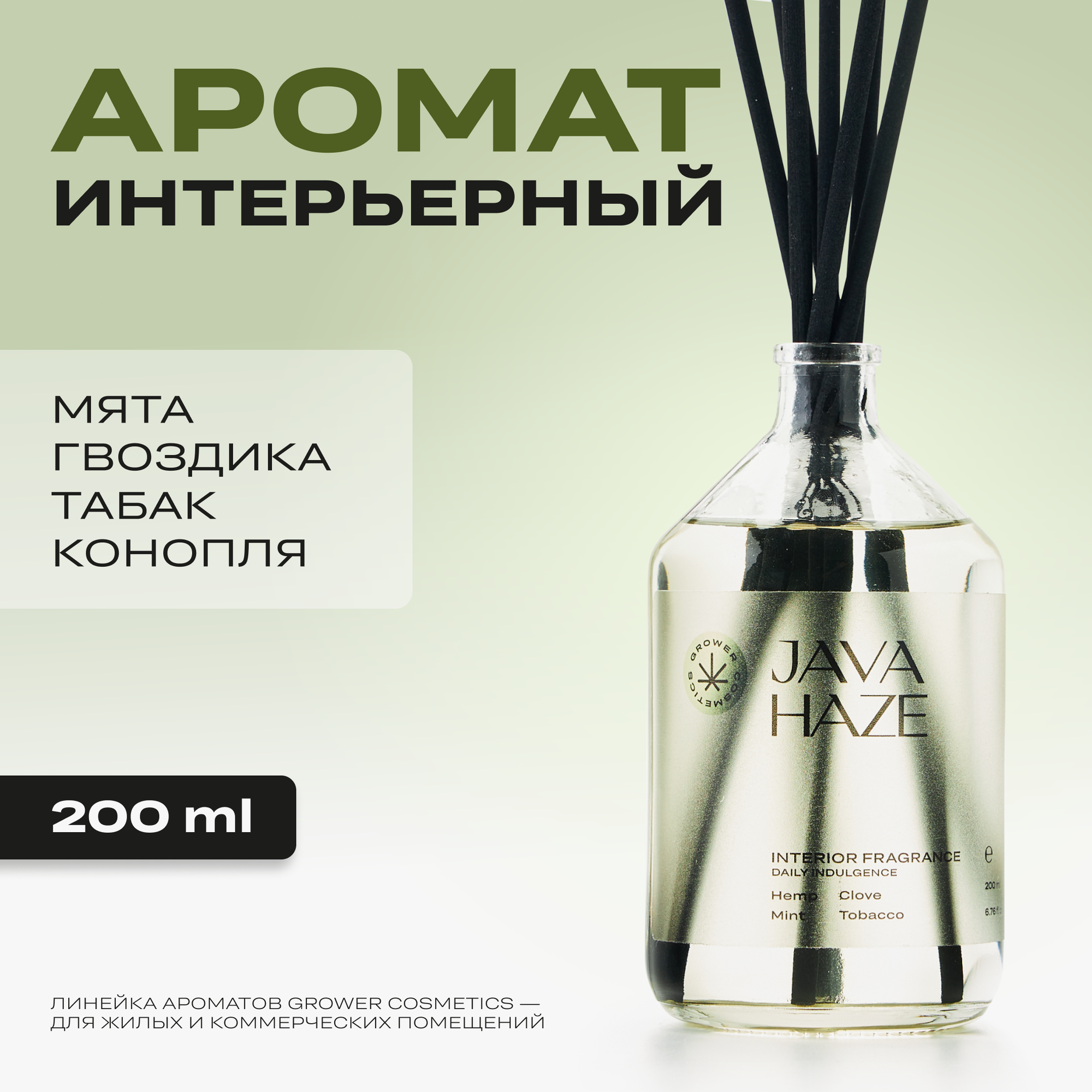 Арома диффузор Grower cosmetics "JAVA HAZE" Мята, Гвоздика, Табак, Конопля. 200мл