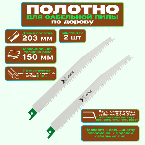 Полотно для сабельной пилы по дереву 203 мм 2 шт Для быстрого получения прямого среза древесины толщиной до 150 мм Изделия совместимы с большинством современных моделей сабельных пил 1151₽