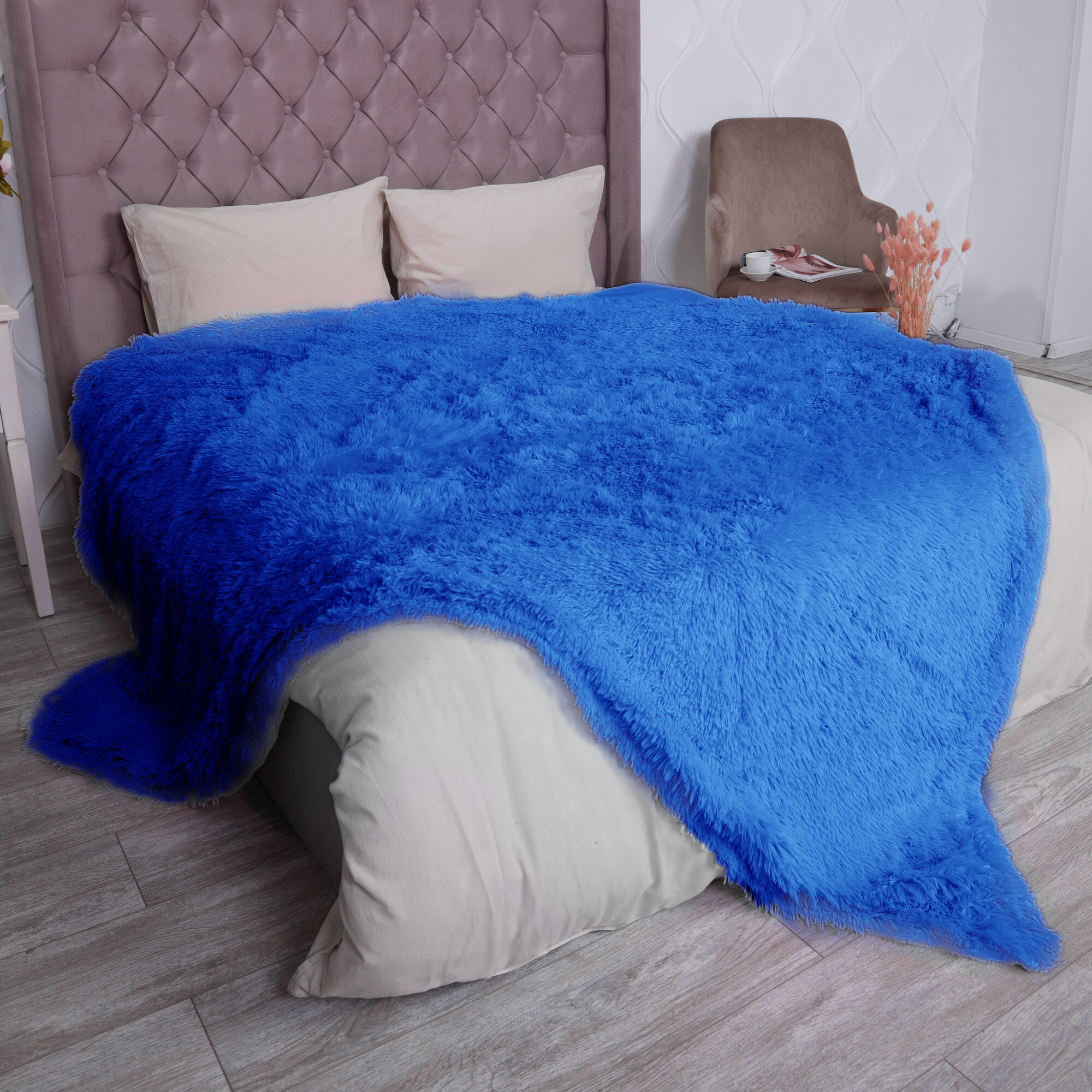 Плед пушистый на кровать, на диван Евро 200х220 травка мех / синий