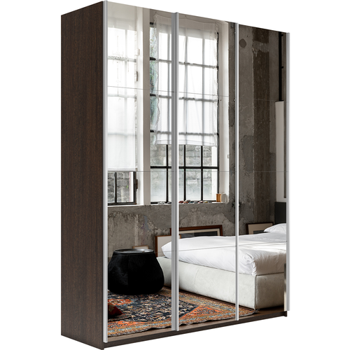 Шкаф купе для одежды с доводчиком и выдвижными ящиками, цвет Венге, 230х180х57 (ВхШхГ), три двери, Зеркало/Зеркало/Зеркало