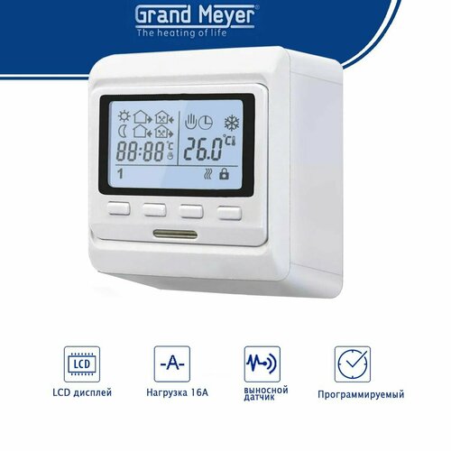 Терморегулятор для теплого пола программируемый Grand Meyer HW500 белый накладной терморегулятор механический grand meyer mst 1 1 для теплого пола накладной белый