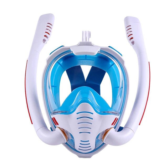 Полнолицевая маска для подводного плавания снорклинга Freebreath голубая S/M с креплением с двумя трубками для экшн-камеры