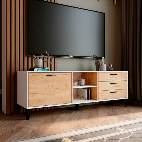 Тумба под телевизор, с полками, ЛДСП, дуб крафт золотой/белый, 160*55*40 см, Парус-9