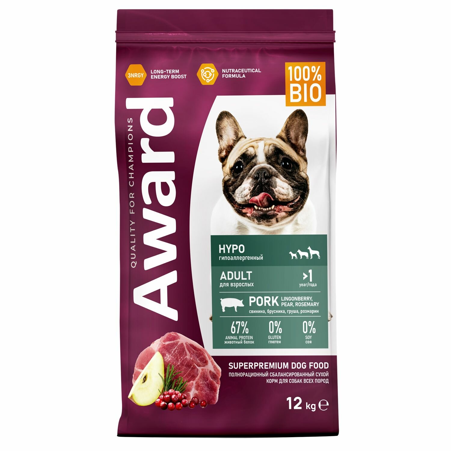 Сухой корм AWARD Hypo для взрослых собак собак всех пород со свининой с добавлением брусники груши и розмарина 12 кг