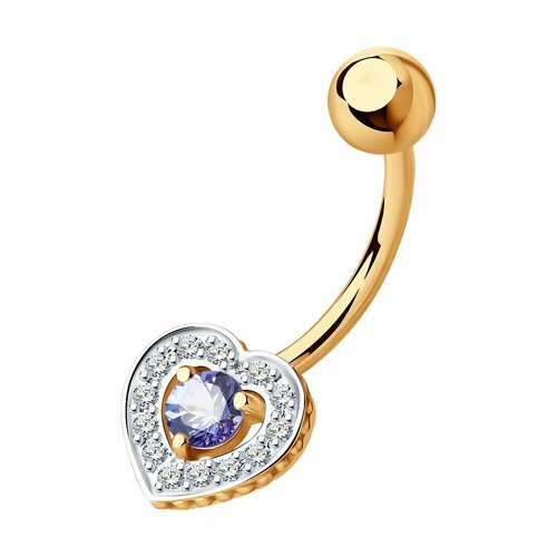 Пирсинг в пупок Diamant online, красное золото, 585 проба, бриллиант, танзанит, средний вес 1 гр., длина 1.9 см., фиолетовый