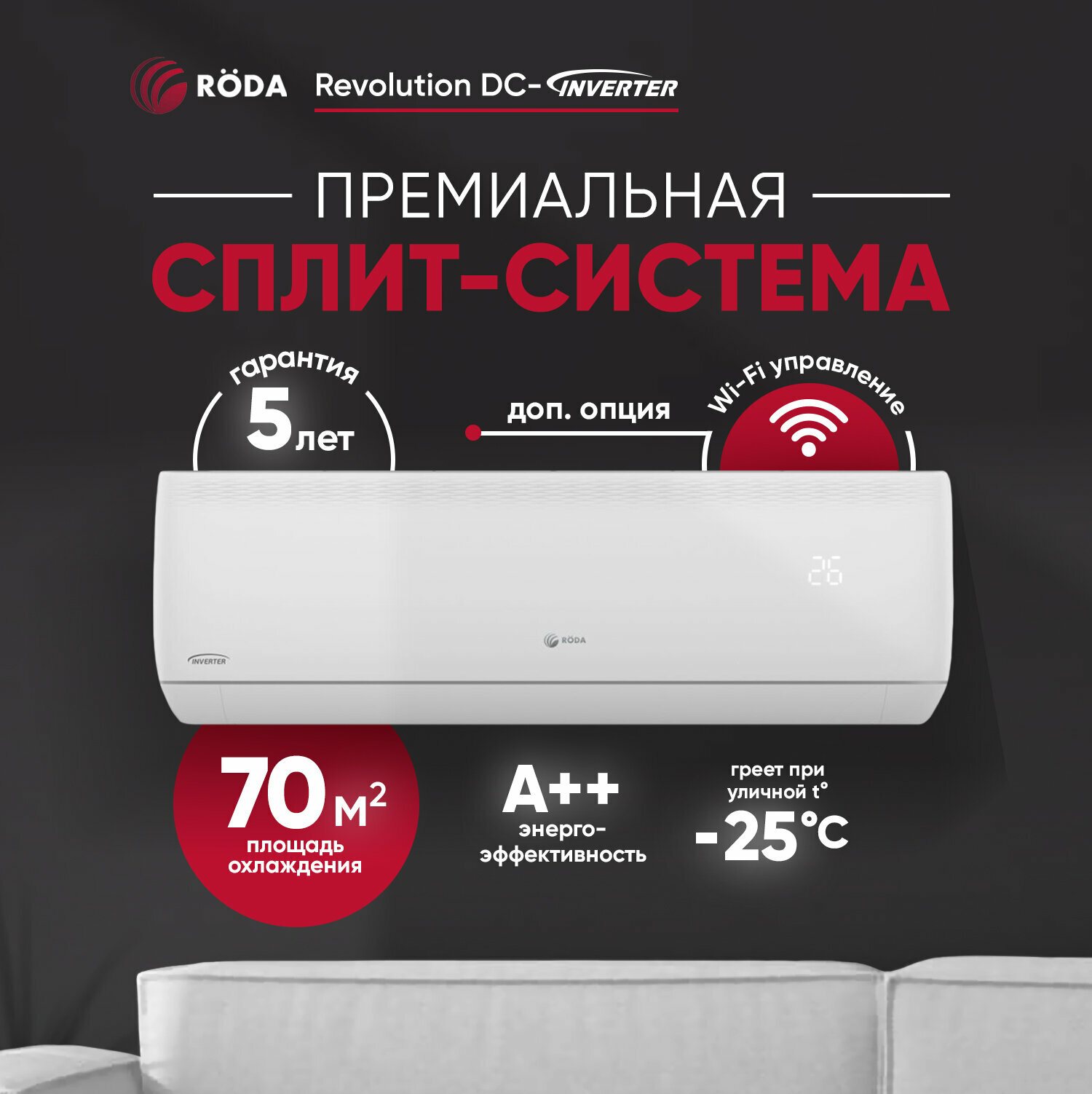 RODA Revolution RS-GR12RV, 12 000 BTU, Wi-Fi модуль, ионизатор, 35м², A++, пульт д/у в комплекте, белый