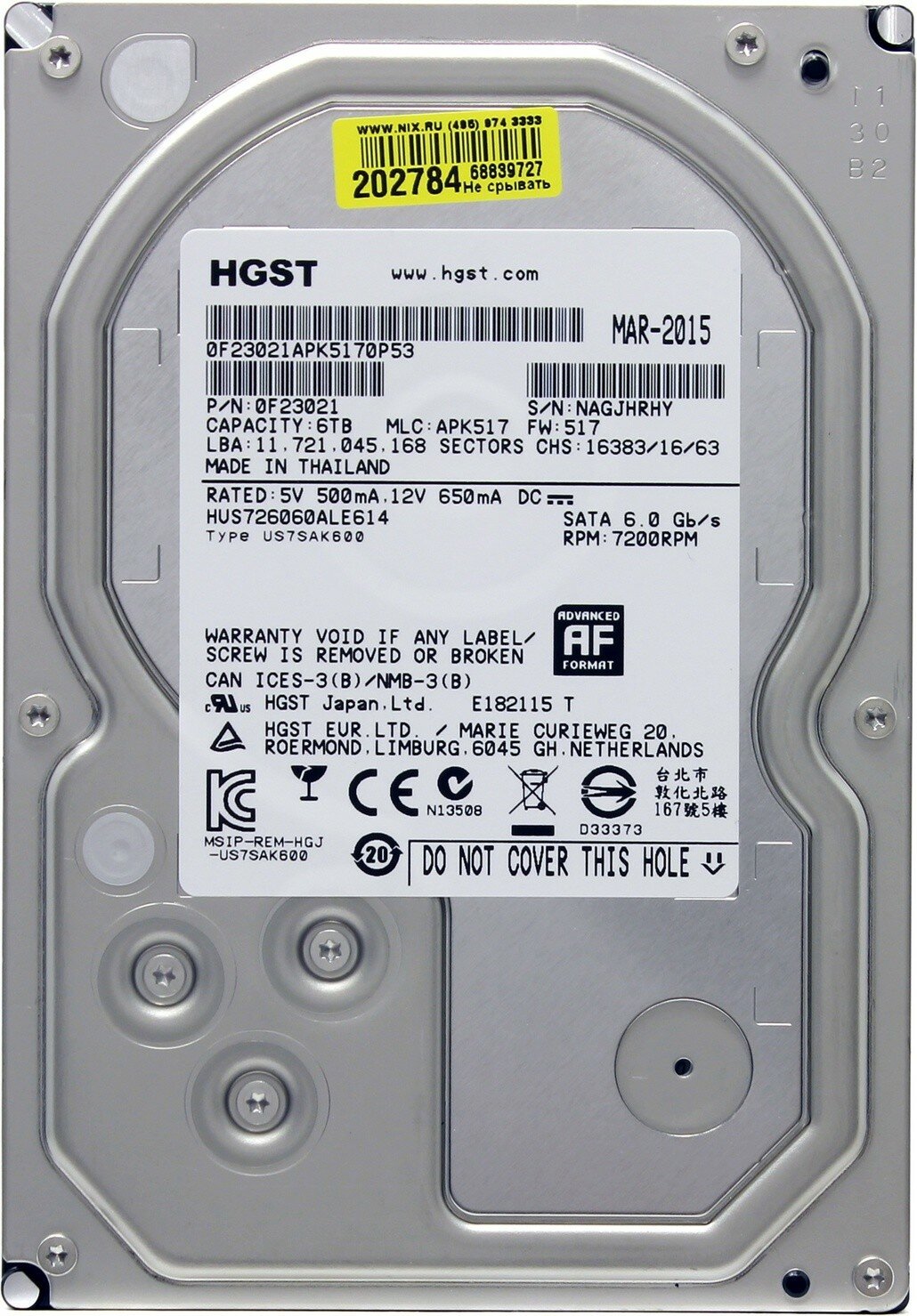 Жесткий диск HDD 6.0Tb HGST SATA-III 128Mb 7200rpm Ultrastar 7K6000 (HUS726060ALE610)