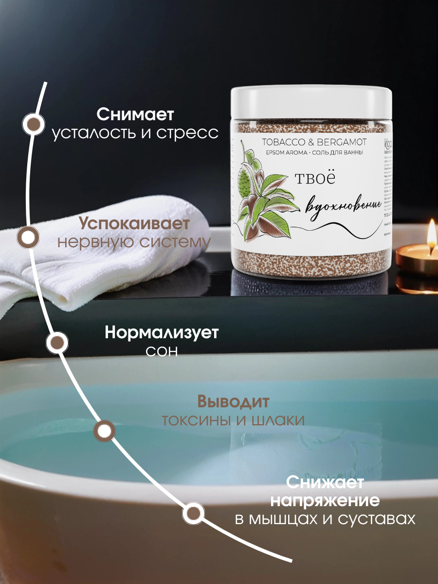 Магниевая соль Kloob Epsom, с ароматом табака и бергамота, для ванн, 500г — фото 1