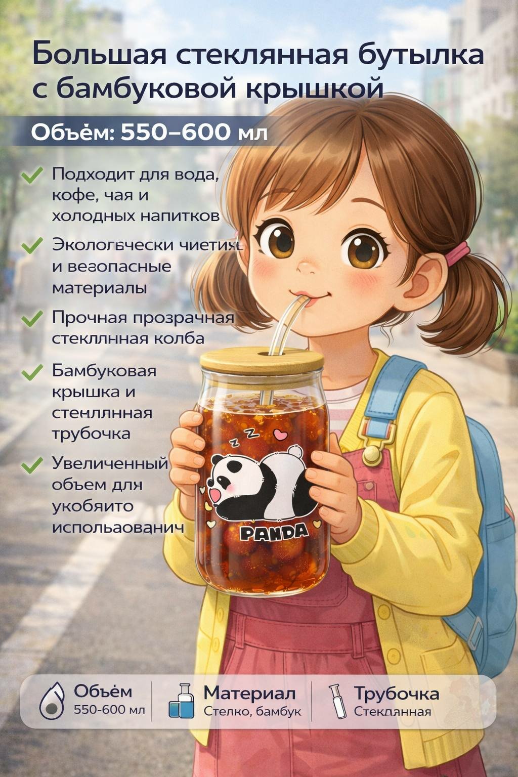 Стеклянный стакан с бамбуковой крышкой и трубочкой, 500 мл с пандой