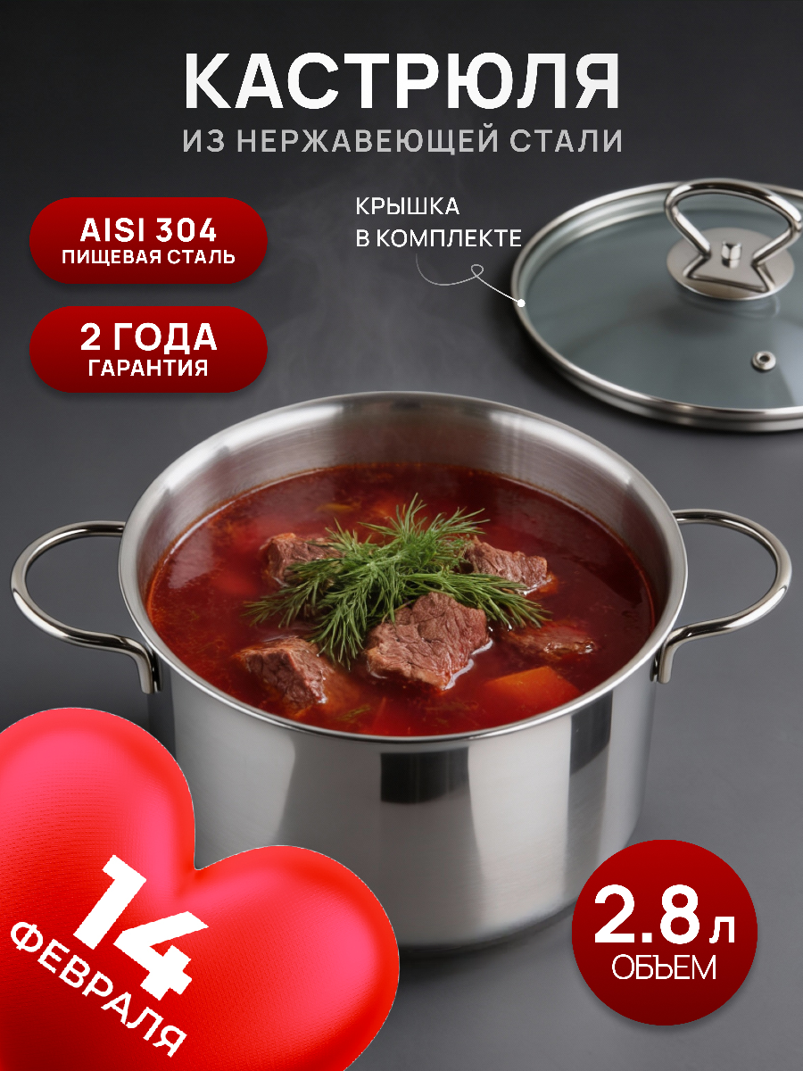 Кастрюля 2,8 литра с крышкой из нержавеющей стали, для всех типов плит