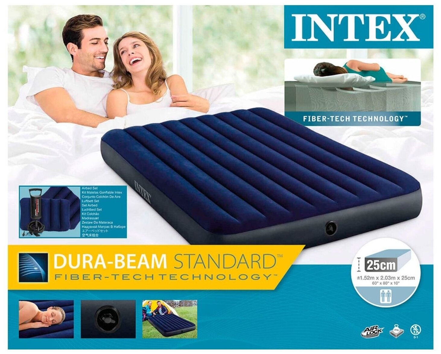 Кровать надувная INTEX 64765 DURA-BEAM CLASSIC DOWNY, с ручным насосом и 2 надувными подушками, 152x203x25 см - фотография № 11