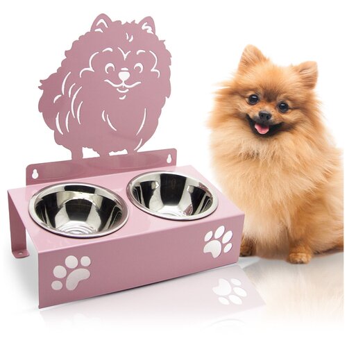 миска двойная для кошек и собак из пищевой стали petkit fresh nano double Подставка для мисок двойная с наклоном Topmiska, миски 2х300мл, изображение Шпиц, цвет розовый