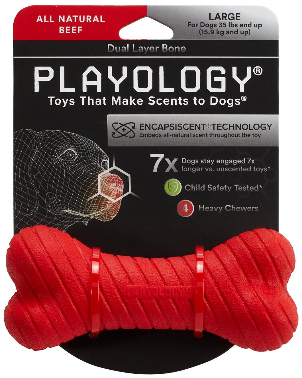 Игрушка Playology двухслойная жевательная косточка для собак DUAL LAYER BONE с ароматом говядины, большая, красный - фотография № 1