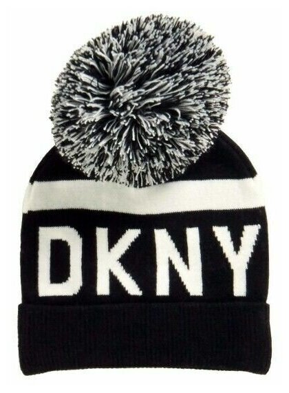 Шапка DKNY черная с белым лого и помпоном White Logo Stadium Beanie With Pom