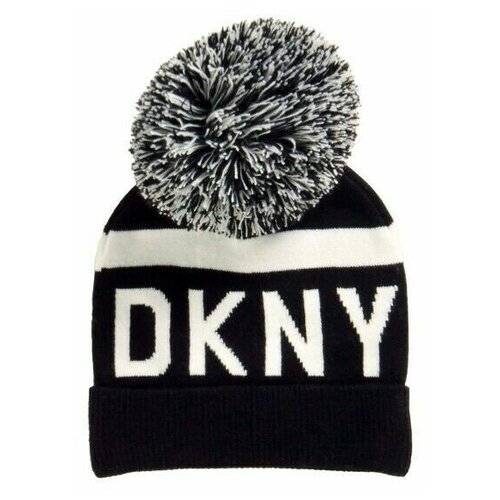 Шапка DKNY черная с белым лого и помпоном White Logo Stadium Beanie With Pom