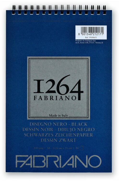 Альбом для графики Fabriano 1264 BLACK 200г/м. кв 14,8х21 20 листов спираль по короткой стороне