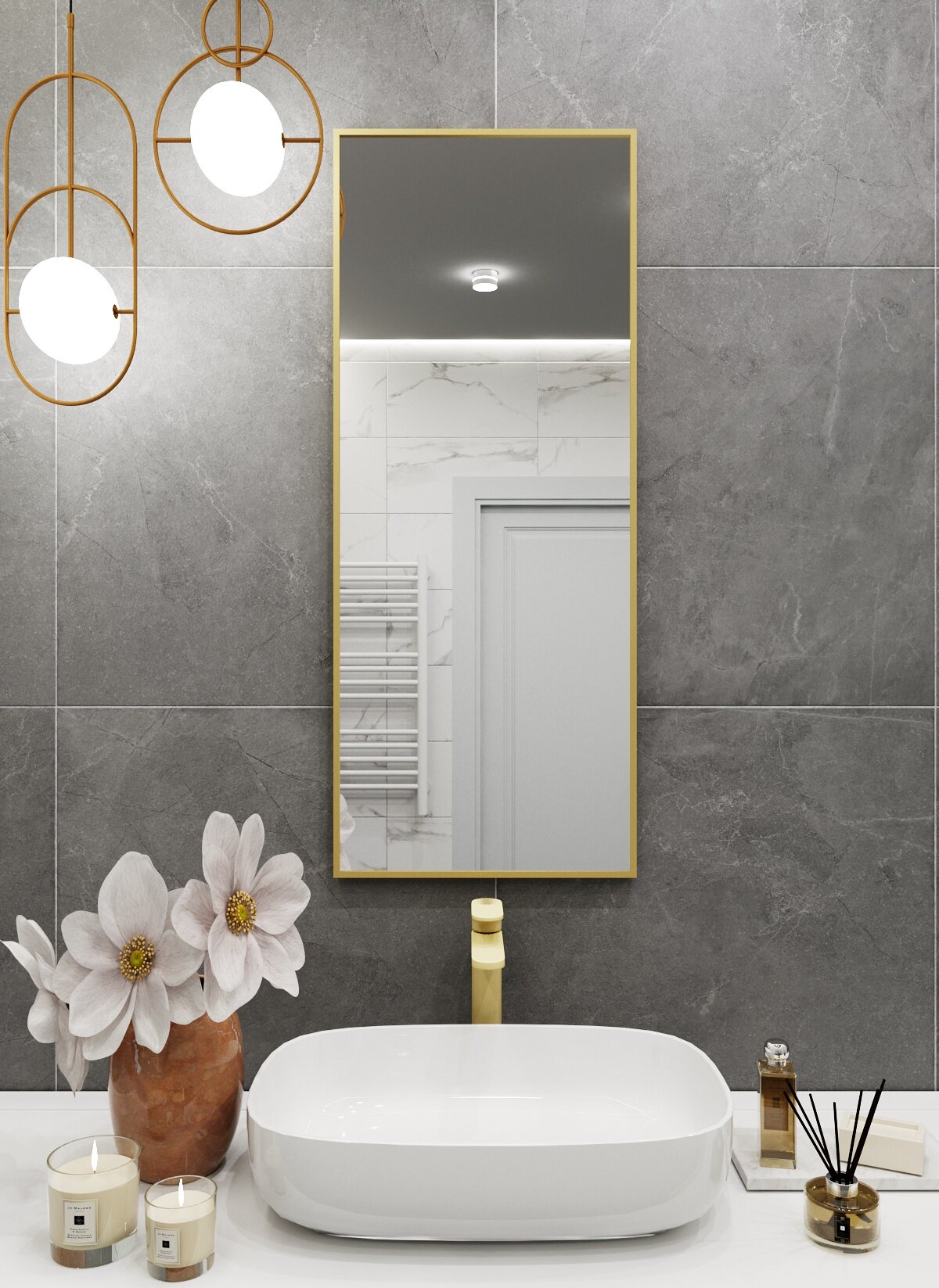 Зеркало в алюминиевой раме настенное ONE MIRROR 100х40 см. Золото