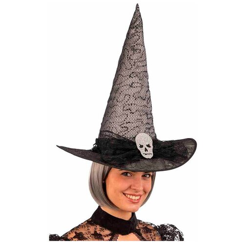 фото Шляпа ведьмы с черным бантом и черепом (цв: серый-черный ) артэ