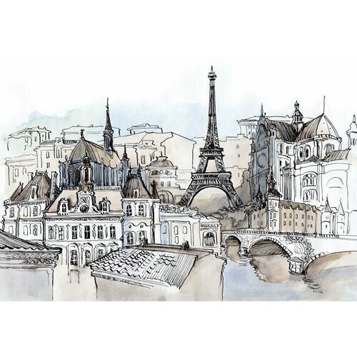 Моющиеся виниловые фотообои GrandPiK Акварель Франция Париж Эйфелева башня, 350х260 см
