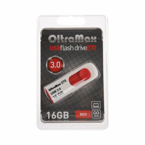 Флешка OltraMax 270, 16 Гб, USB3.0, чт до 70 Мб/с, зап до 20 Мб/с, красная