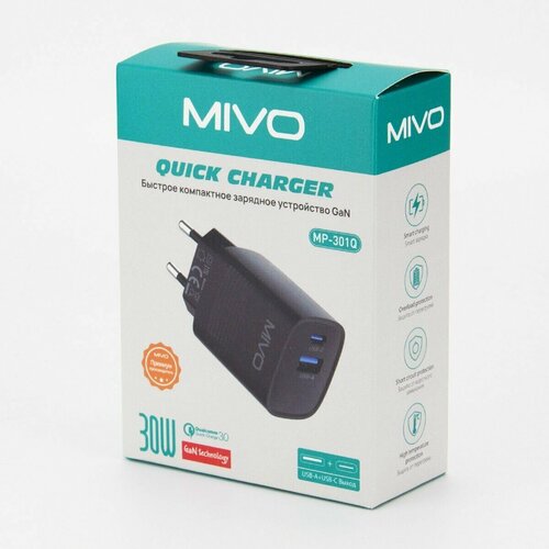 Сетевое зарядное устройство MIVO MP-301Q/ USB+ Type-C, 30 Вт GaN