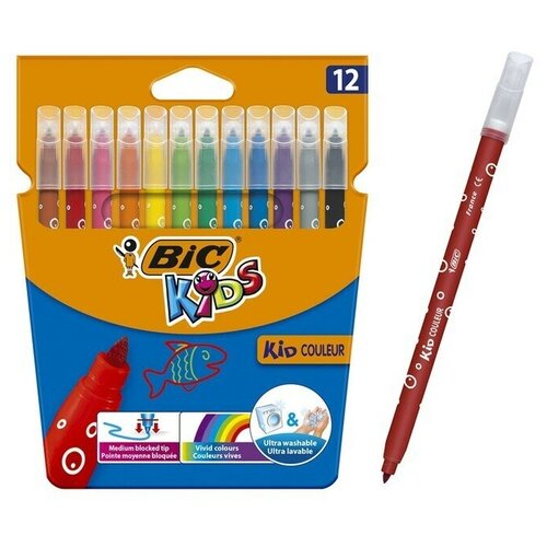 фото Фломастеры 12 цветов bic kid couleur, детские, смываемые, среднее письмо, 1 набор sweet home